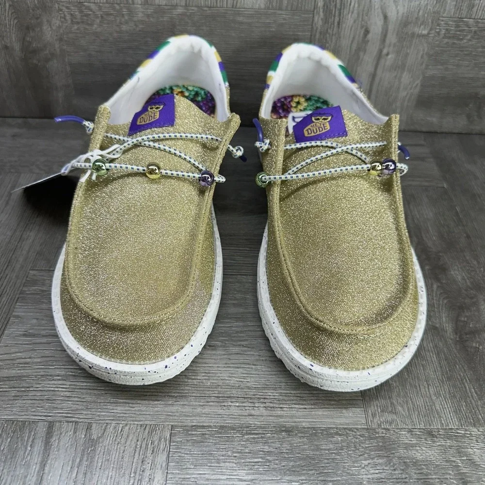 Hey Dude Gold Glitter Wedges with Green, Purple & White Stripe Accents